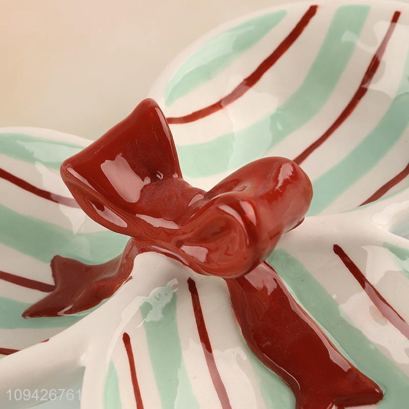 Factory direct sale 3-compartment bowknot striped ceramic divided plate